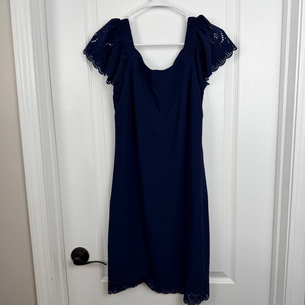 Elle Navy Blue Eyelet Flutter Sleeve Shift Dress XS